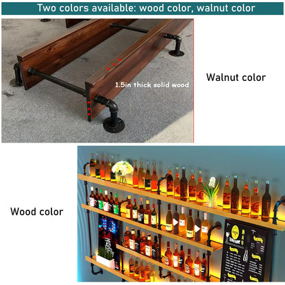 Dawselod Wall-Mounted Wine Rack with LED Lights 4-Tier Wooden Floating Bar Shelves Creative Large Wine Bottle Display Rack Hanging Shelf, for Home Bar Kitchen,Living Room (Wood, 180cm/71in)