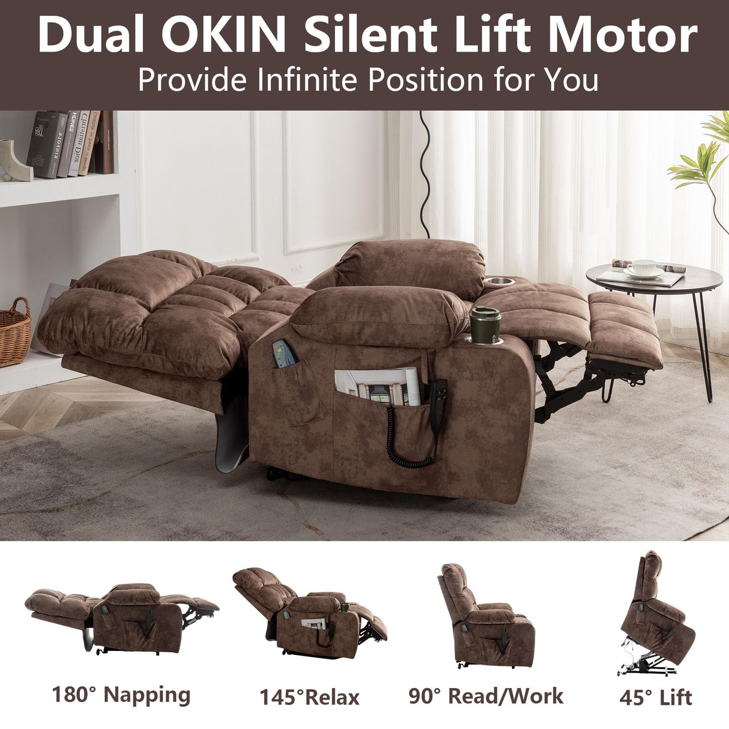 Oversized Power Recliner Chair for Big and Tall 400 LBS, 25.5" Extra Wide Electric Lift Chair with Heat and Massage, Dual Motor 180° Lay Flat Recliner Living Room Sofa, Velvet Big Lift Recliner