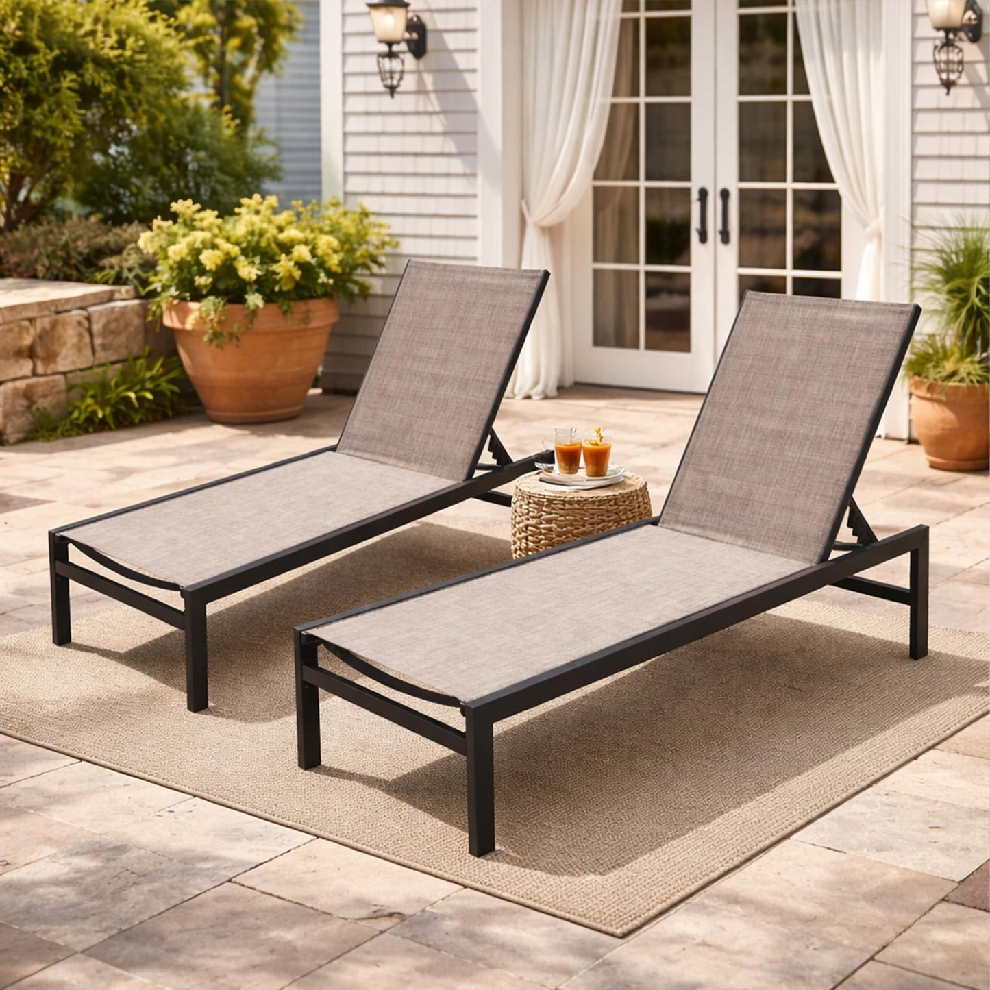 Kozyard 2-Piece Outdoor Chaise Lounge, Powder-Coated Aluminum Frame and Textilene Fabric, Adjustable Reclining Patio Lounger for Poolside, Sunbathing & Backyard (Beige)