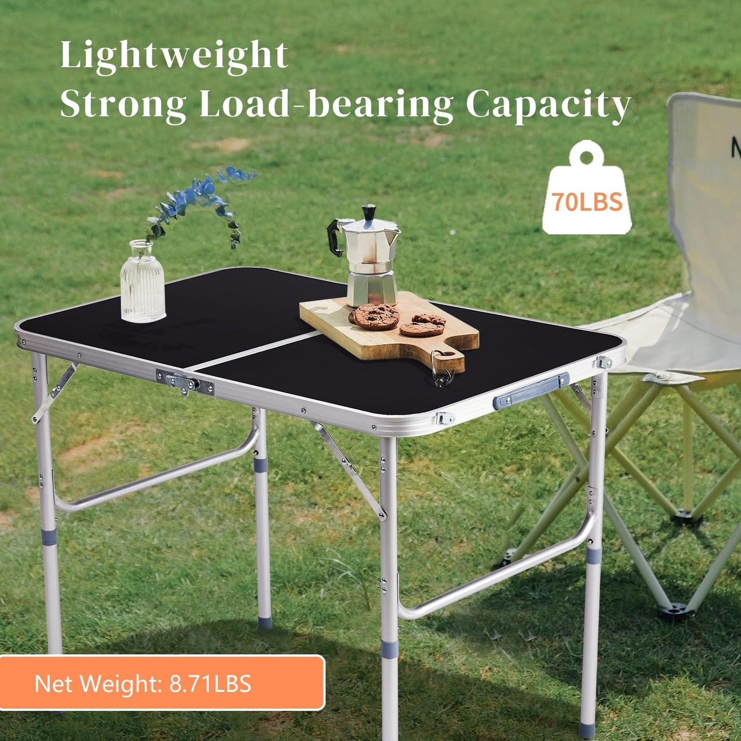 EDWINENE 3 Feet Small Folding Table with Adjustable Height, Lightweight Portable Utility Table for Travel Picnic BBQ Fishing RV Car Tailgate Camping Beach Outdoor Essentials, MDF Tabletop, Black 5Pcs