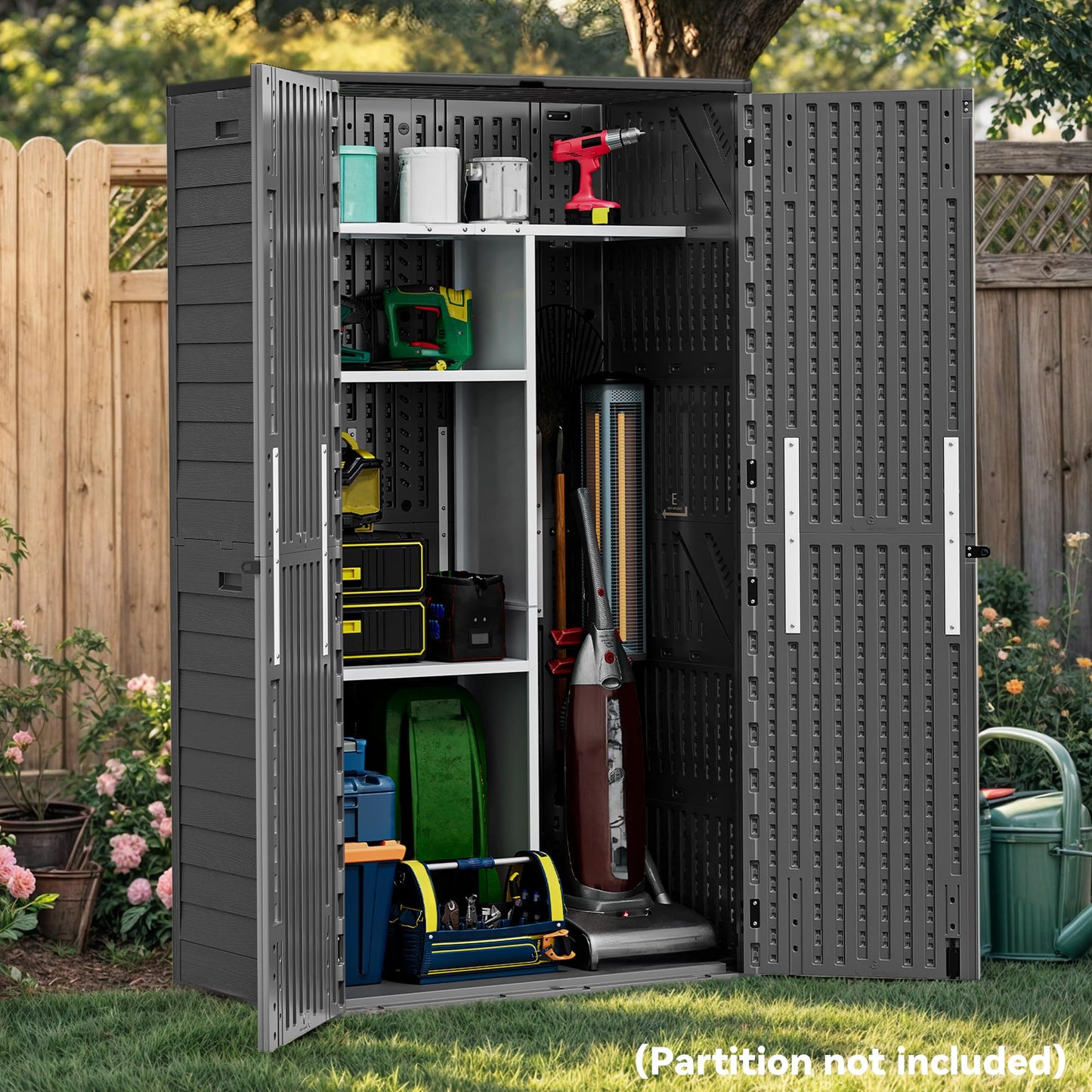 YITAHOME 60 cuft Vertical Outdoor Storage Shed with Shelf, Large Waterproof Storage Cabinet for Garden Shed, Tall Outdoor Storage Shed for Garage, Pool Storage, Resin, Lockable, Dark Gray