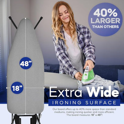 BKTD Extra-Wide Ironing Board - 48"×18" Large Surface with Built-in Clothes Rack & Adjustable Height - Black Grey