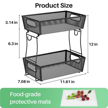 2 Tier Fruit Basket Bowl for Kitchen Counter with 2 Banana Hangers, Countertop Metal Mesh Basket Stand Fruit Holder for Veggies Onion Potato Bread Snack, Black