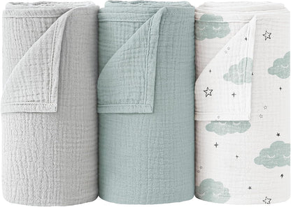 Bearmoss Muslin Swaddle Blankets - Soft & Breathable Baby Blankets | 40 x 38 Inches, 3 Pack (Cloud)