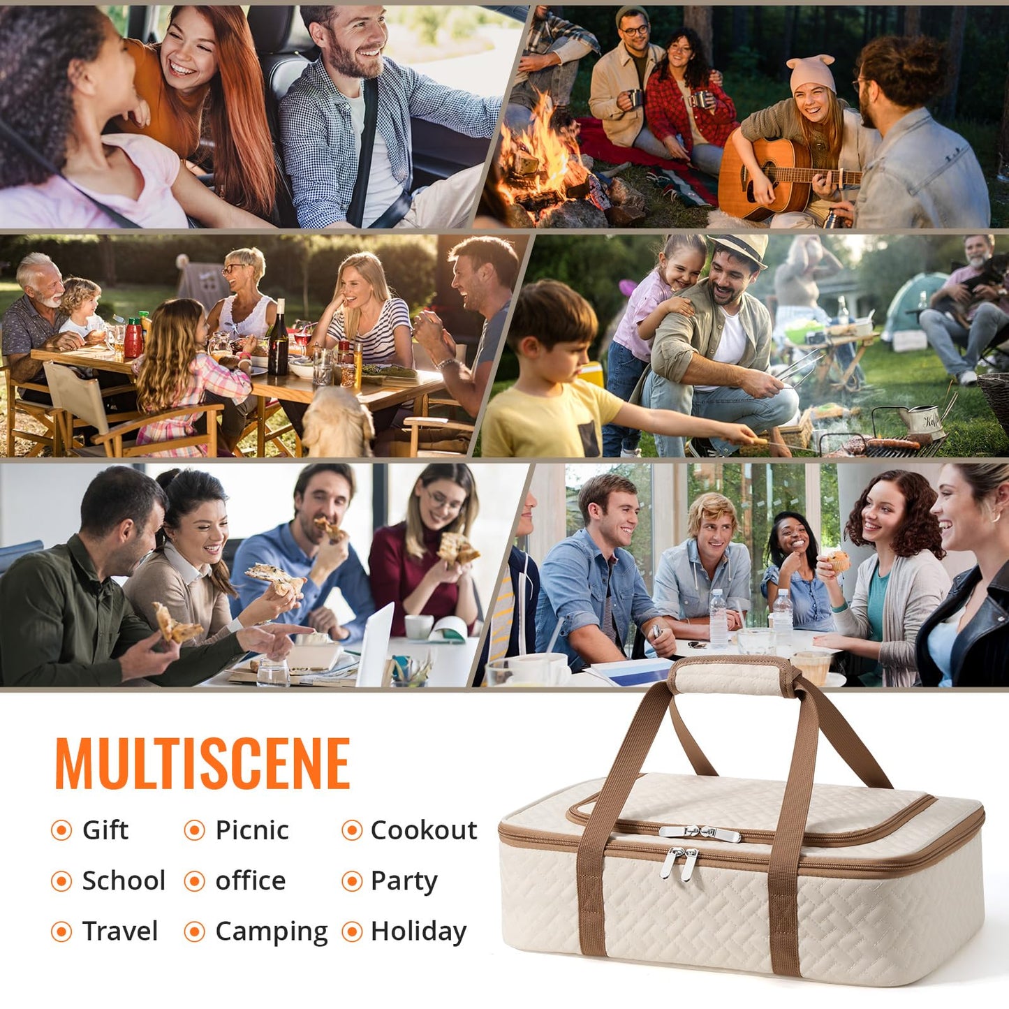 MIAOJIE Insulated Casserole Carrier - Portable Casserole Carrier for Hot or Cold Food, Lasagna Holder for Parties,Picnic,Cookouts,Traveling - Fits 9" x 13" Baking Dish (Beige)