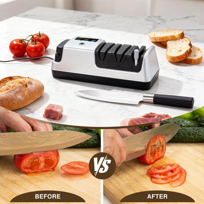 Ceelpeopar Silver Professional 3-Stage Electric Knife Sharpener for Kitchen Knives, LCD Screen, 100% Diamond Abrasive, Adjustable Rotational Speed, Precision Angle Guides for All Kitchen Knives