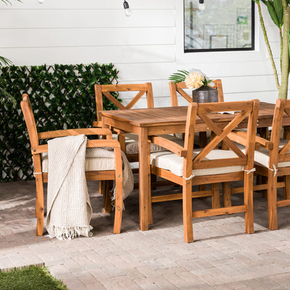 Walker Edison Delray Classic 7 Piece Acacia Wood Outdoor Dining Set with X Back Chairs, Set of 7, Brown