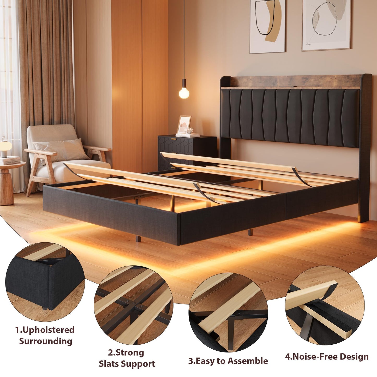IDEALHOUSE King Floating Bed Frame with LED Lights & Charging Station, Upholstered Platform Bed with Storage Headboard, Wood Slats Support, No Box Spring Needed, Easy to Assemble, Black