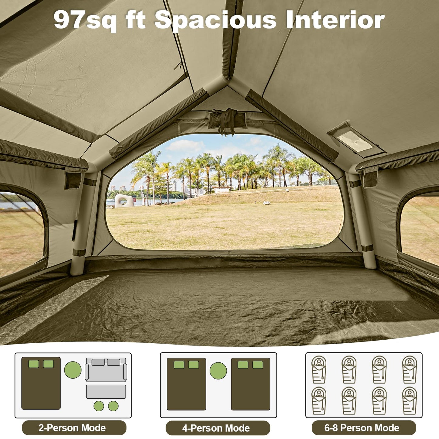 Inflatable Tents for Camping with Electric Air Pump, 6/8 Person Easy Setup Blow Up Tents for 4 Seasons Waterproof Inflatable Camping Tent with Skylight, Air House Glamping Tents for Adult
