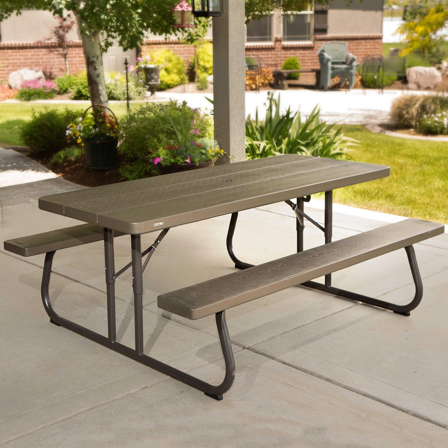 LIFETIME 6‑Foot Classic Folding Picnic Table, UV Protected Tabletop, Steel Frame, Seats 8, Weather & Rust Resistant, Flat Folding Outdoor Picnic Table with Umbrella Hole