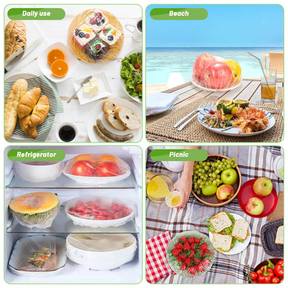 Sublaga 200Pcs Reusable Plastic Bowl Covers - 5 Sizes With Elastic, Food Grade Safe Material