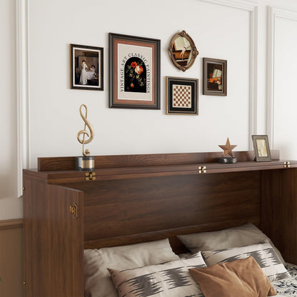KEIKI Queen Size Murphy Bed Cabinet with Power Station & Large Drawer, Pine Wood Folding Chest Bed with Rattan Panel, Space-Saving Wall Bed, Walnut