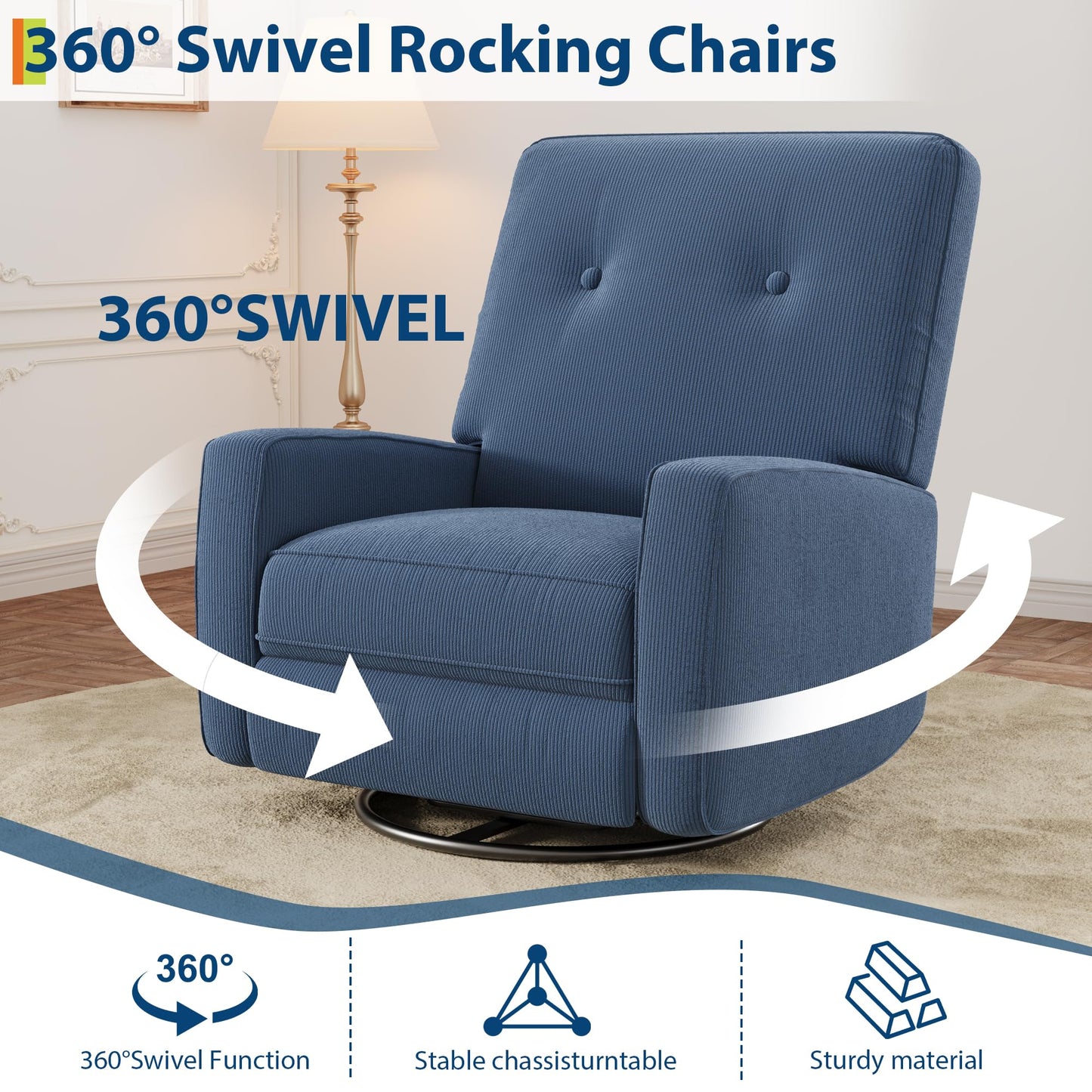 IDEALHOUSE Recliner Chair, 360° Swivel Rocking Glider Chair for Adults with Adjustable Backrest & Footrest, Cozy Corduroy Upholstered Armchair for Living Rooms, Bedrooms, Blue