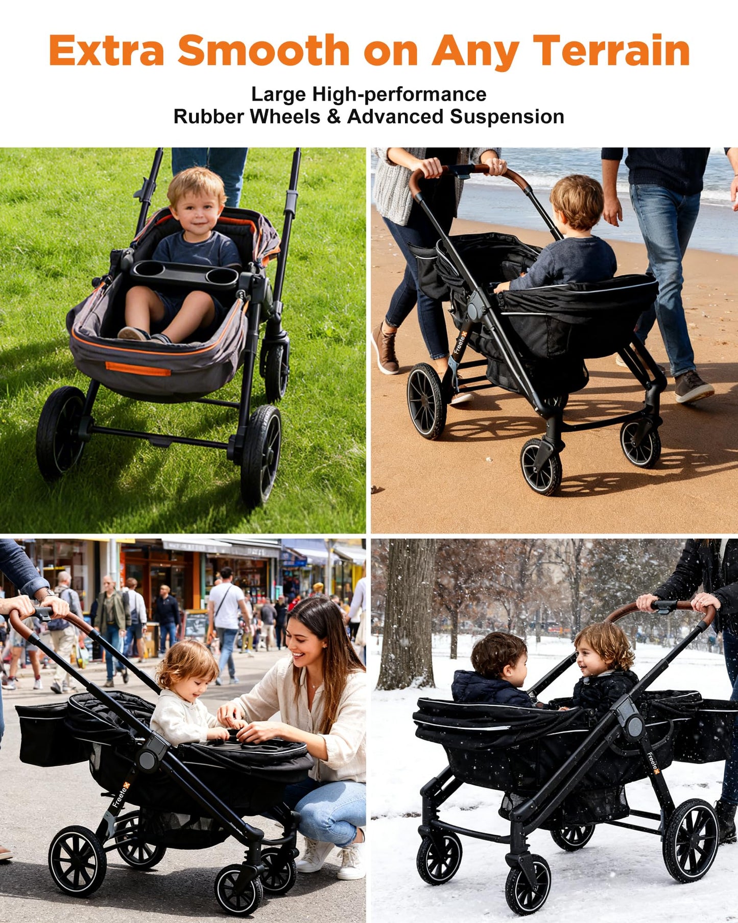 Freetex Wagon Stroller for 2 Kids, Double Seat, All-Terrain with Removable UV-Protection Canopy, Adjustable Push/Pull Handle, Cup Holders & Snack Tray for Baby and Toddler