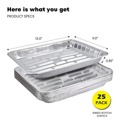 Pack of 25 Disposable Aluminum Broiler Pans – Good for BBQ, Grill Trays – Multi-Pack of Durable Aluminum Sheet Pans – Ribbed Bottom Surface - 13.40" x 9" x 0.85"