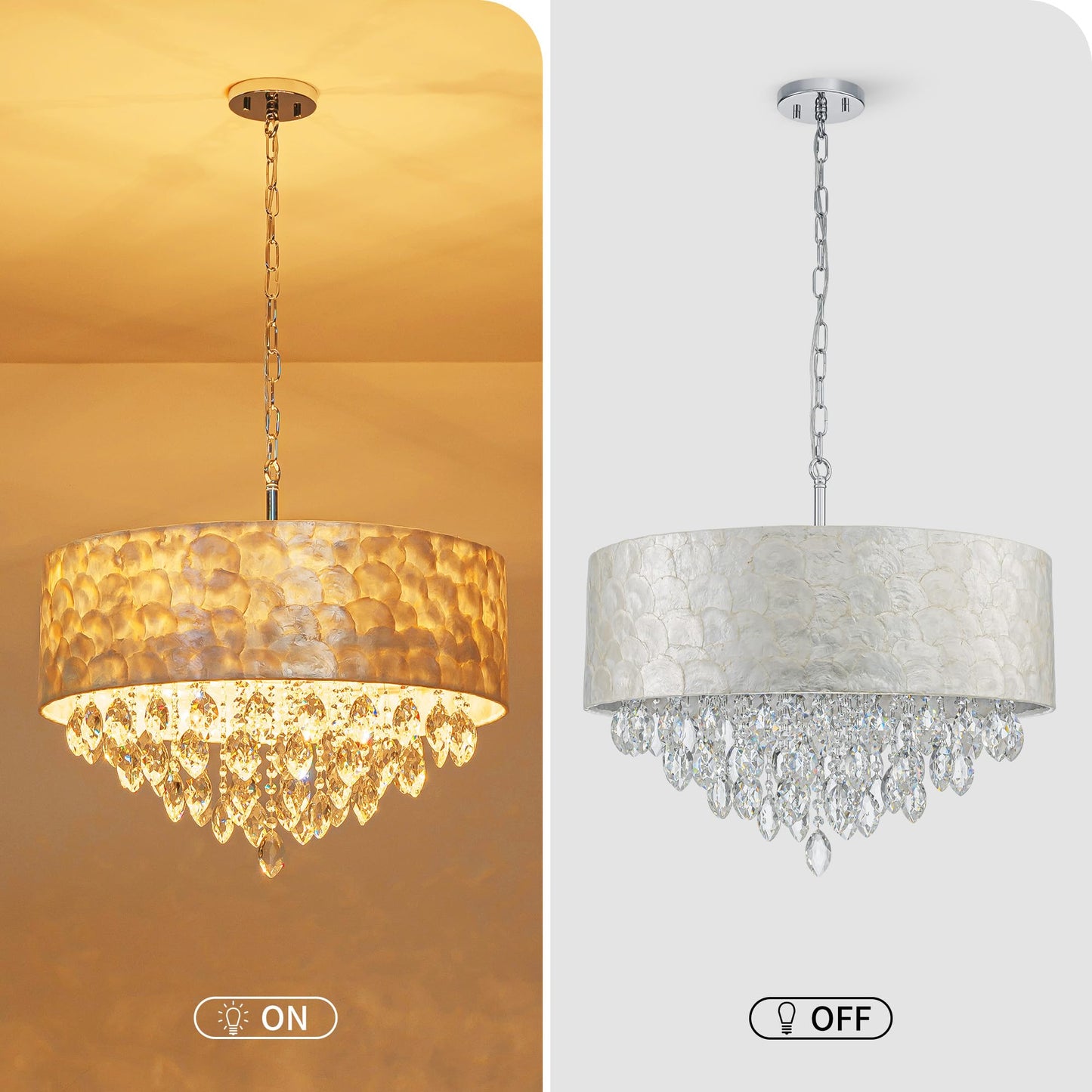 Pine Flicker X-Large 6-Light Drum Capiz Shell K9 Crystal Chandelier, Coastal Style Pendant Light Fixture for Dining Room, Living Room, D24 * H24~70 inch (Adjustable), Clear Crystal & Chrome Finish