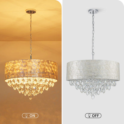 Pine Flicker X-Large 6-Light Drum Capiz Shell K9 Crystal Chandelier, Coastal Style Pendant Light Fixture for Dining Room, Living Room, D24 * H24~70 inch (Adjustable), Clear Crystal & Chrome Finish