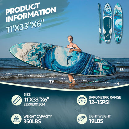 TIDETREK 11'/11'6" x 33"/34" x 6" Inflatable SUP Paddle Board – Extra-Wide, Stable Stand Up Paddle Board with Premium Full Accessory Set for Adults & Youth (Ocean Spirit/Kayak Seat, 11'x33 x6)