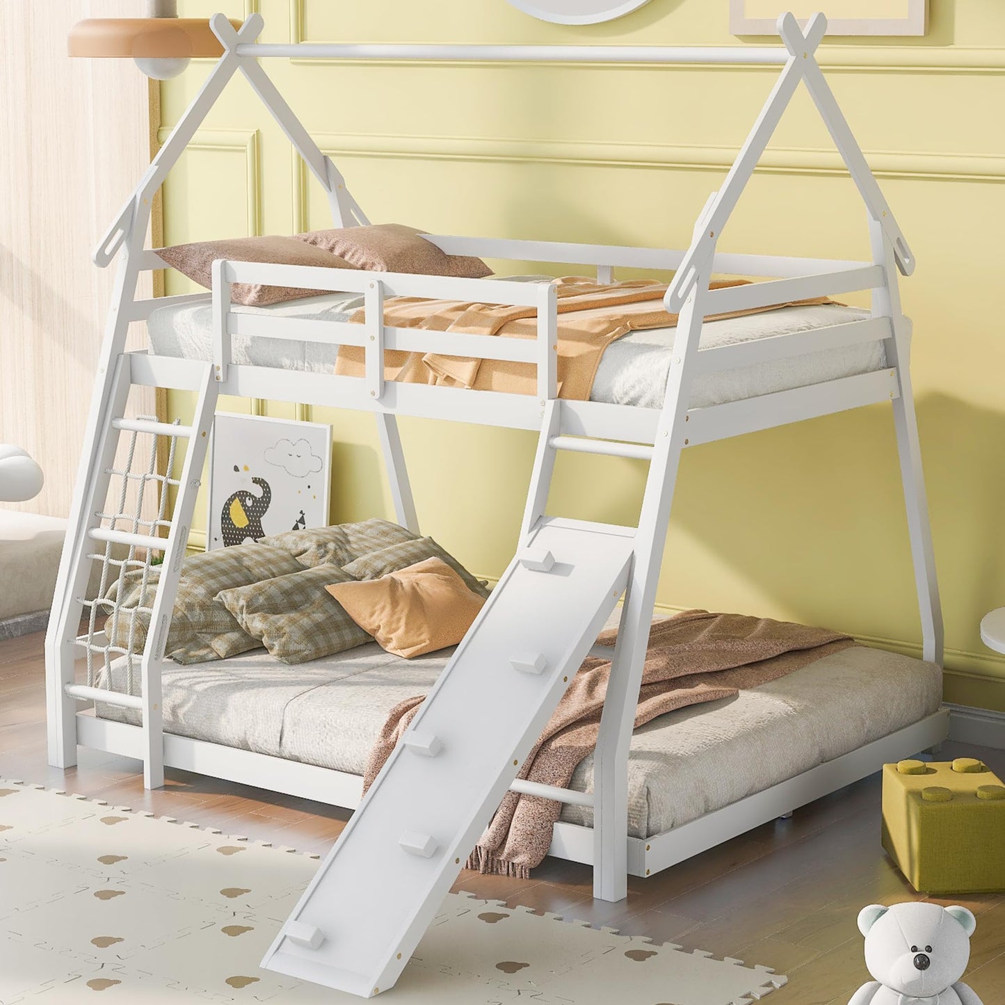 Bellemave Bunk Bed Twin Over Queen with Slides and Stairs, House Bunk Bed with Climbing Nets and Climbing Ramp for Kids, Teens, White