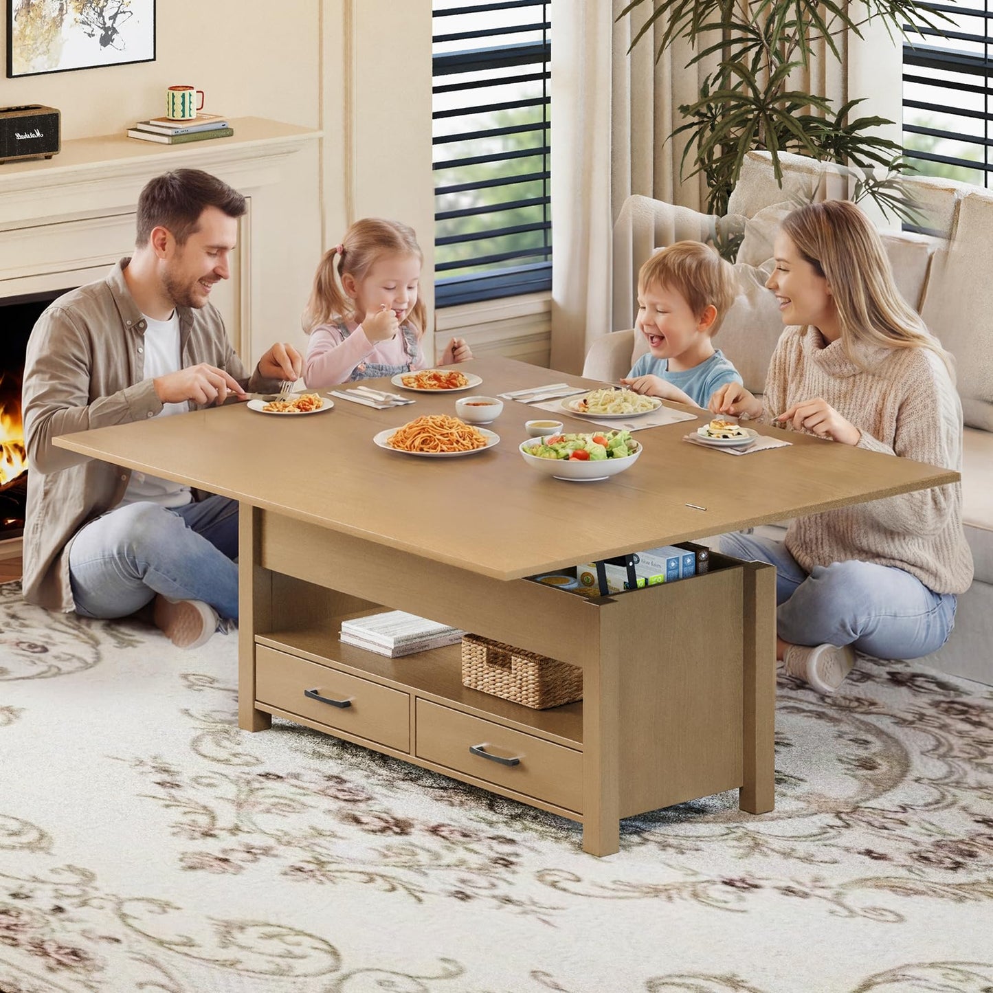 Garvee 40" Coffee Table Lift Top, Multi-Function Convertible Coffee Table with Drawers and Hidden Compartment, Converts to Dining Table for Living Room, Raw Wood