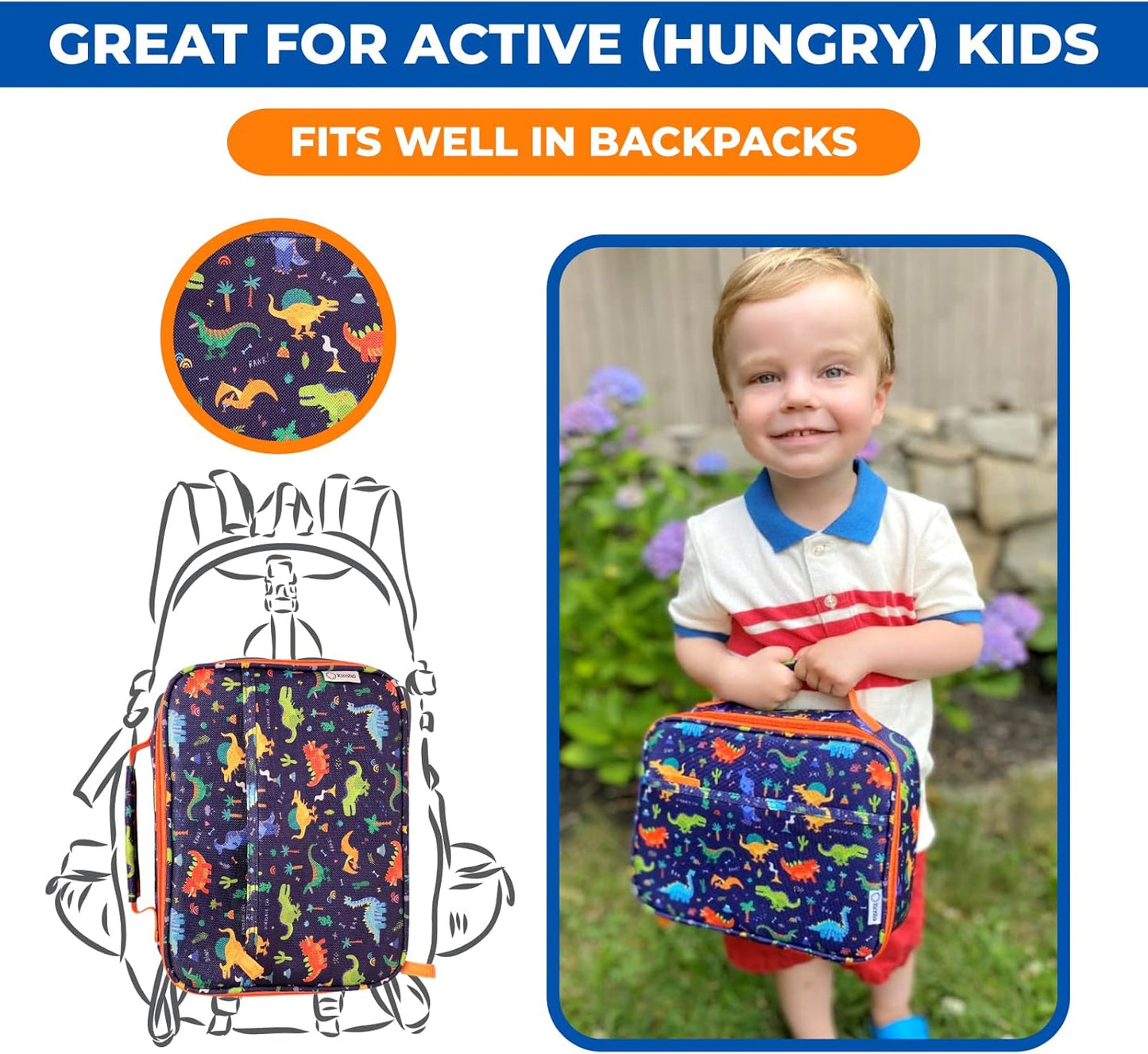 Dinosaur Lunch Box for Boys with Ice Pack, Insulated Bag for Toddlers Kids, BPA Free, Blue Orange Dino