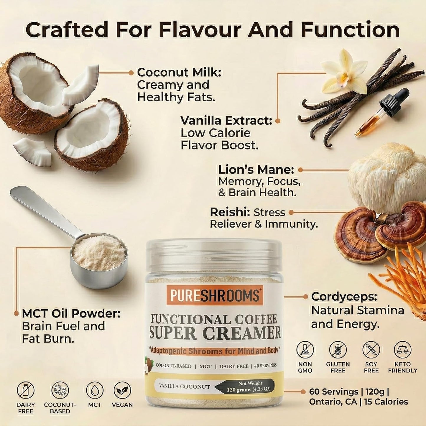 120g 4.2 oz) Functional Coffee Super Creamer - Vanilla - Coconut Milk Powder, MCT, Organic Lions Mane, Reishi