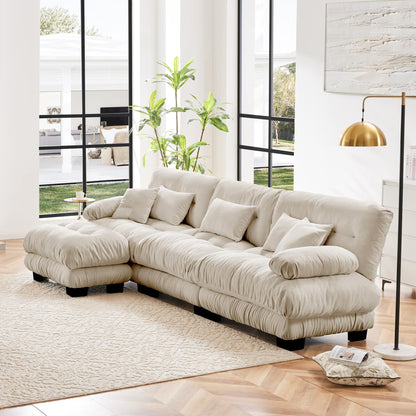 KEIKI 133" Sectional Sofa with Removable Ottoman, 4 Seat L Shaped Sleeper Cloud Couch Set, Comfy Chenille Upholstered Modular SofaBed for Apartment Living Room, Throw Pillows, Light Coffee