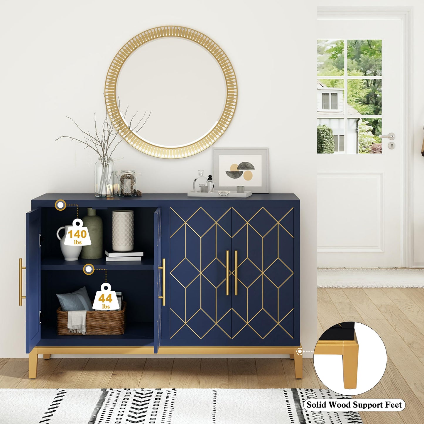 HLR 48" Accent Cabinet with 4 Doors and Shelves, Modern Credenza Storage Cabinet with Gold Trim, Sideboard Buffet for Living Room, Kitchen, Dining Room, Hallway, Blue