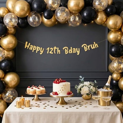 Pre-Strung Happy 12th Bday Bruh Gold Glitter Banner - Funny 12th Birthday Decorations for Boys and Girls - Birthday Party Supplies and Gifts
