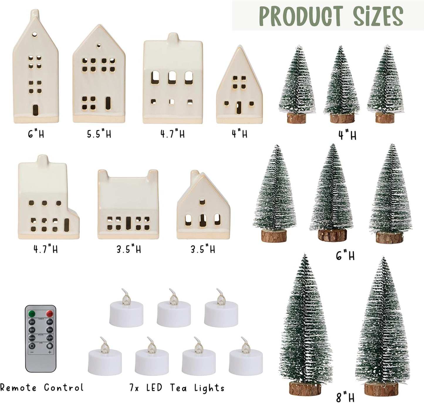 Skiennix 23 Pcs Christmas Village Set - 7 White Ceramic Houses with LED Tea Lights & Snow Trees | Festive Indoor Decor for Tabletop & Mantel