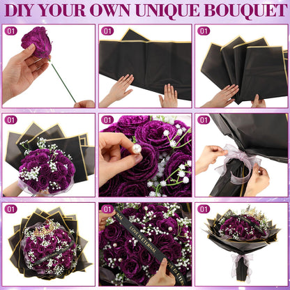 Suncalla 52 Pcs Purple Glitter Roses Bouquet DIY Kit, Large Sparkly Artificial Flowers with Crown and Wrapping Paper, Everlasting Rose Gift for Mother's Day, Graduation, Birthday, Anniversary