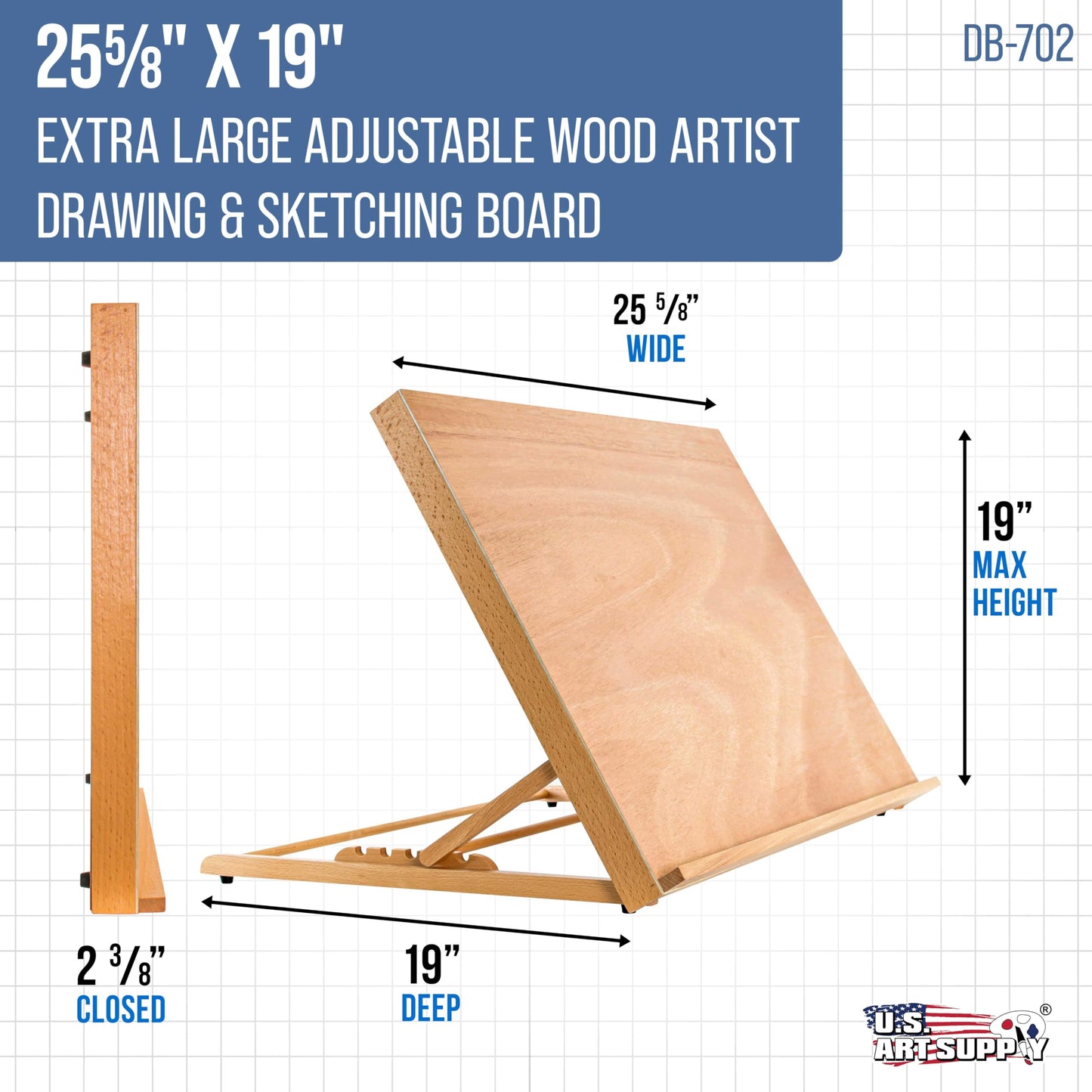 U.S. Art Supply X-Large 25-5/8" x 19" (A2) Wooden Drawing Board, Adjustable Table Top Easel for Painting and Drawing - Drafting Board with 6 Angles, Pencil Ledge, Locking Storage Drawer