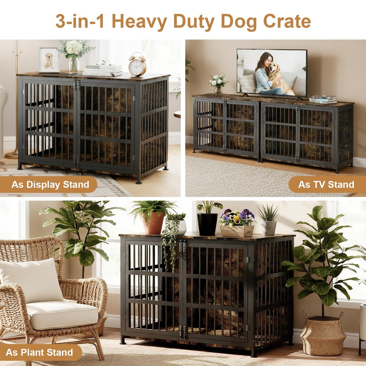 46" Dog Crate Furniture with Wheels, XXL Heavy Duty Dog Kennel Indoor for XL Dogs, Metal Chew-Proof Dog Cage, 45.9" L x 27.6" W x 32.4" H, Decorate House as TV Stand, End Table — Rustic Brown
