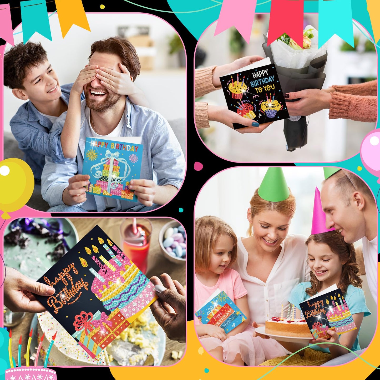Saillong 12 Pack Happy Birthday Diamond Painting Greeting Card Kits DIY Diamond Art Cards with Envelopes Birthday Cake 5d Rhinestones Painting Kits for Adults DIY Crafts Family Friend Birthday Gifts