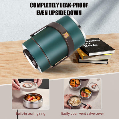 Gicklov 67 oz Adults Stainless Steel Vacuum Insulated Wide Mouth Soup Food Thermo Hot Food Jar with Keep Thermal Portable 3 Tier Stackable Bento Hot Food Containers Lunch Boxes (67 oz Green)
