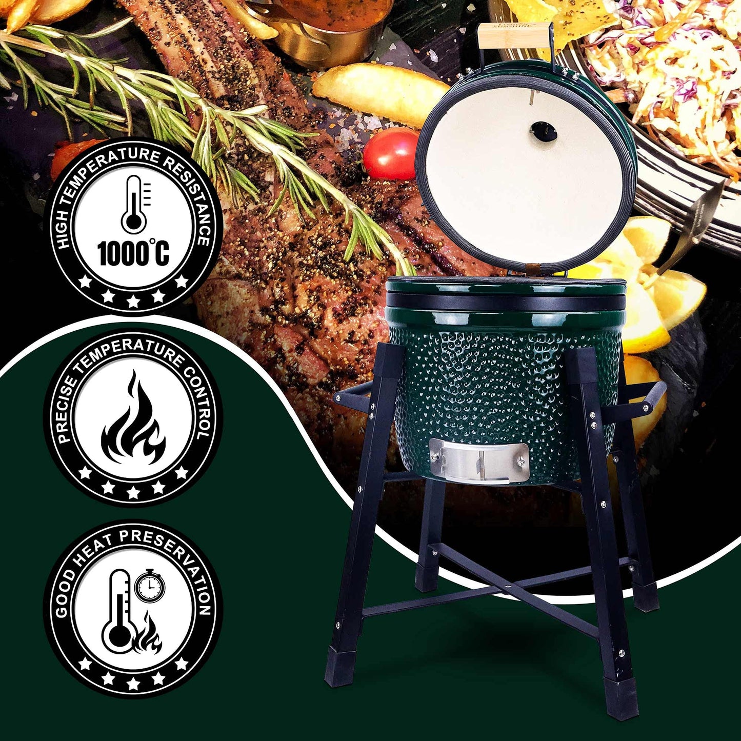 London Sunshine Ceramic Kamado Charcoal BBQ Grill and Smoker, Stainless Steel Grates -15" Ceramic with Tall Stand (GREEN)