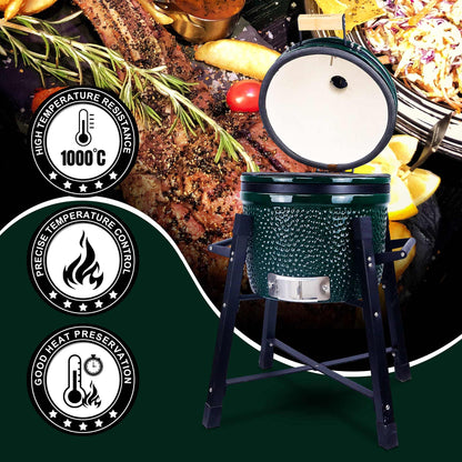 London Sunshine Ceramic Kamado Charcoal BBQ Grill and Smoker, Stainless Steel Grates -15" Ceramic with Tall Stand (GREEN)