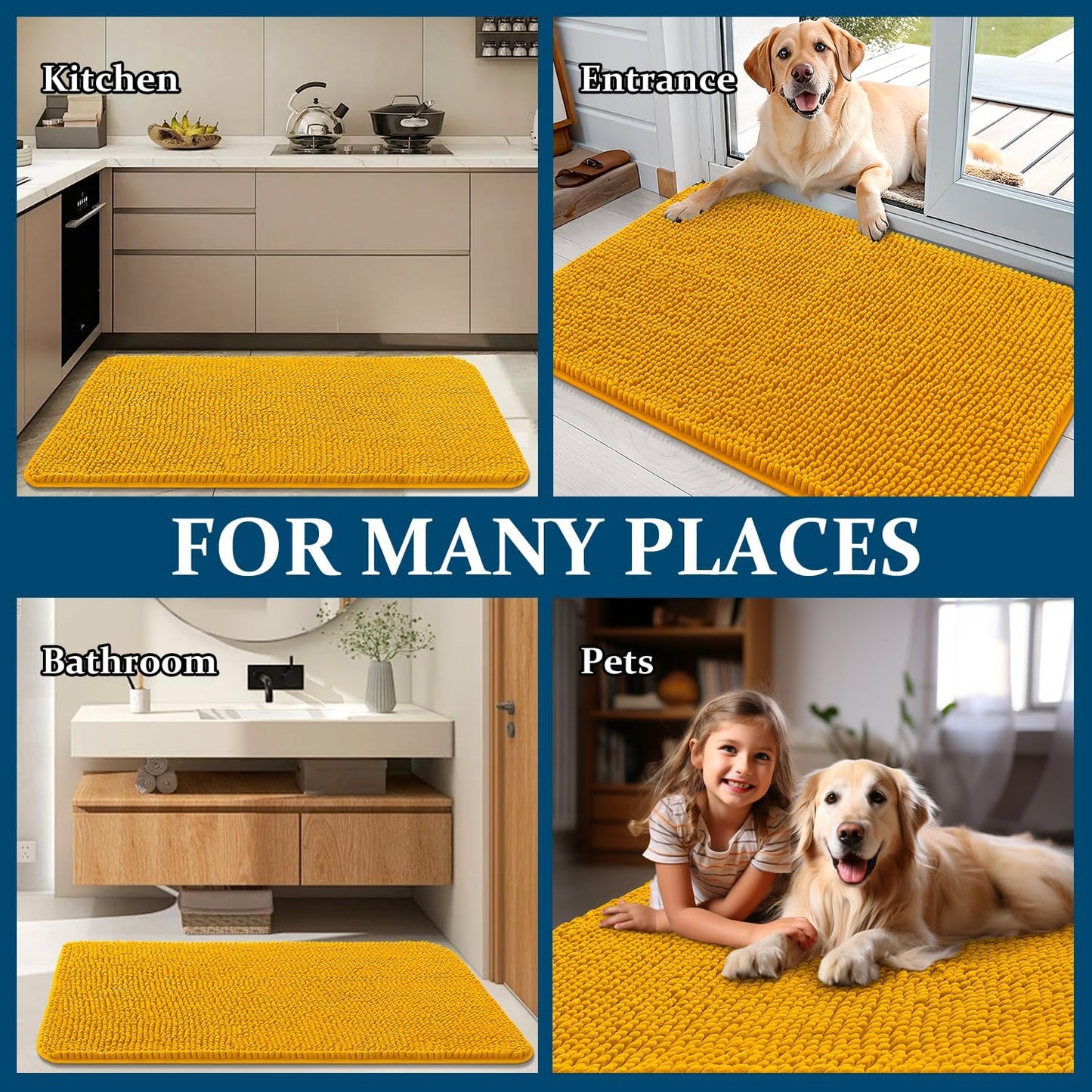 OLANLY Dog Door Mat - Absorbent Non-Slip Chenille Mat for Muddy Paws | 47x20 Inches, Golden Yellow