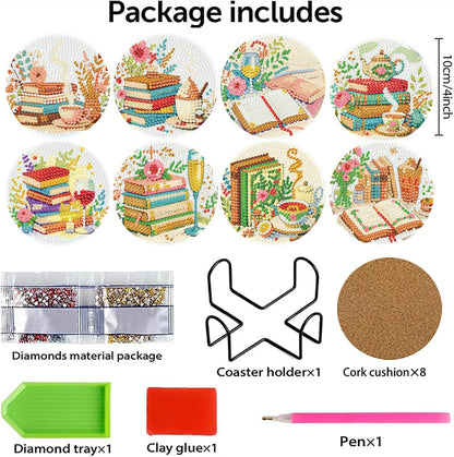 8 PCS Diamond Art Coasters Kits Book Diamond Painting Coaster Kits Diamond Coasters with Holder Cork Pads Gem Art Dots Paintings Crafts Supplies for Adults Beginners