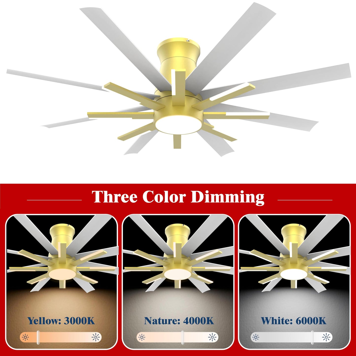 Fande-Aire 60 inch White Ceiling Fans with Lights and Remote, Flush Mount Ceiling Fan for Living Room Bedoom，6 Speed Reversible，8 Blades and 9 Lights，3 CCT，White Gold