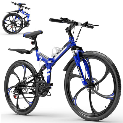 MarKnig 26 Inch Adult Folding Bikes/Mountain Bikes, 21 Speeds Mountain Bicycles with Full Suspension, Dual Disc Brake, High Carbon Steel Frame, Foldable Bike for Men/Women/Teen, Blue