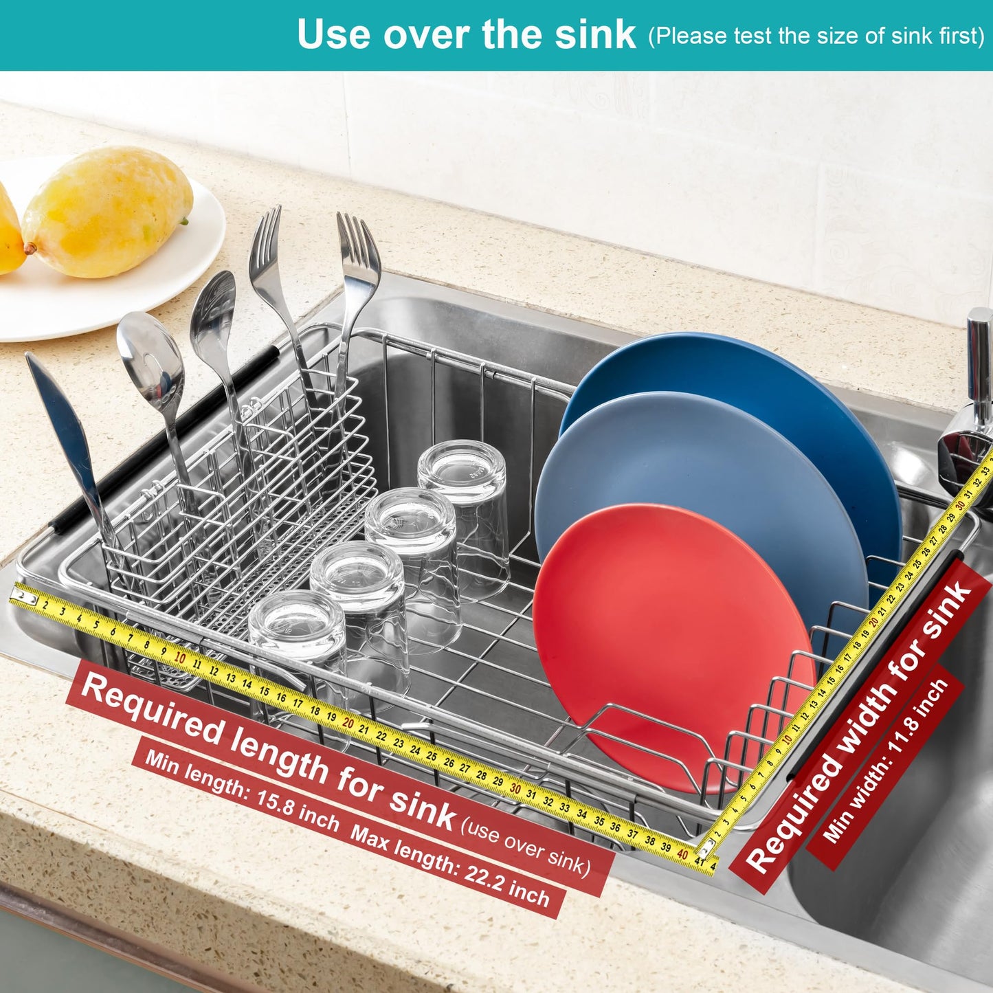 iPEGTOP Expandable Dish Drying Rack Over Sink, Rustproof Stainless Steel Basket Shelf, Multifunctional Dish Drainer Organizer with Utensil Cutlery Holder