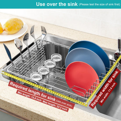 iPEGTOP Expandable Dish Drying Rack Over Sink, Rustproof Stainless Steel Basket Shelf, Multifunctional Dish Drainer Organizer with Utensil Cutlery Holder