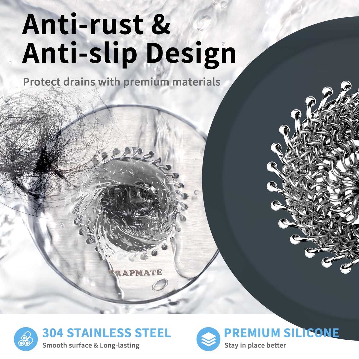 TRAPMATE Bathtub Stopper Drain Strainer Kit, Easy Clean Tub Shower Drain Hair Catcher, Anti-Clog Stainless Steel Sink Cover, Drain Protector for Bathroom Sink & Wash Basin (Patented Product)