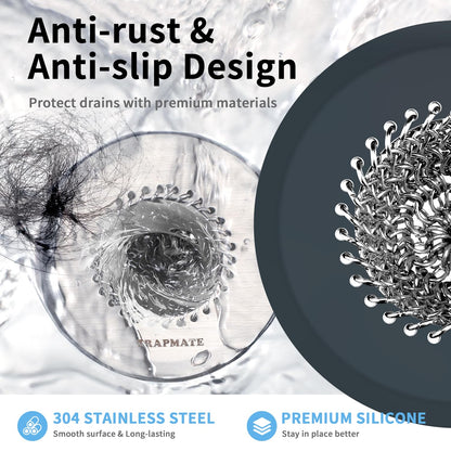 TRAPMATE Bathtub Stopper Drain Strainer Kit, Easy Clean Tub Shower Drain Hair Catcher, Anti-Clog Stainless Steel Sink Cover, Drain Protector for Bathroom Sink & Wash Basin (Patented Product)
