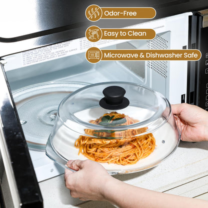 2 in 1, Tall Glass Microwave Splatter Cover for Food & Microwave Place Mat, Plate Splatter Guard Lid with Silicone Handle Knob, Cookware & Bakeware Serving Dish Cover, Food Grade, No Plastic, 10in