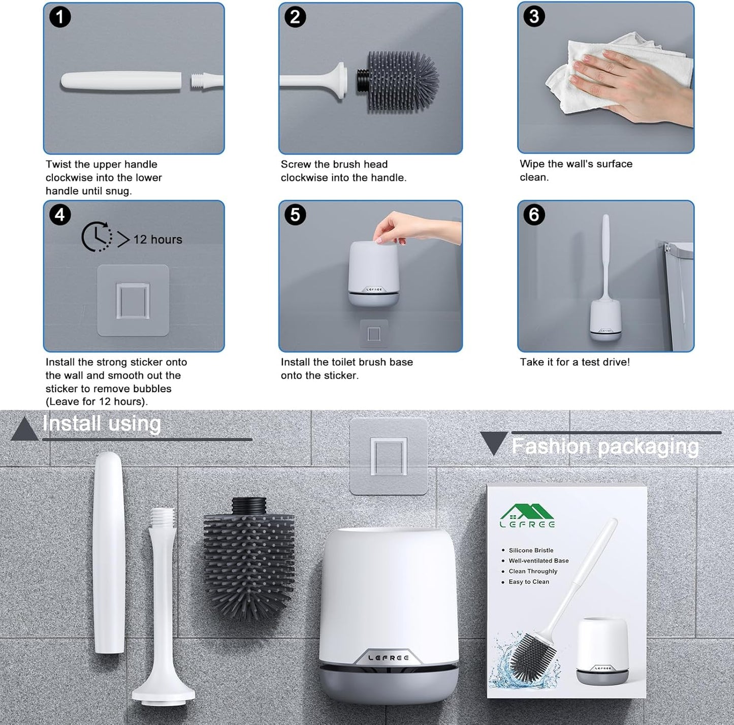 Lefree 2 Pack Silicone Toilet Brush and Holder Set with Ventilated Holder for Bathroom Cleaning