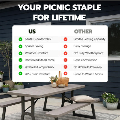 LIFETIME 6-Foot Folding Picnic Table with Benches, Seats 8, Heavy-Duty HDPE Tabletop, Steel Frame, Weather & UV Resistant Outdoor Picnic Table with Umbrella Hole