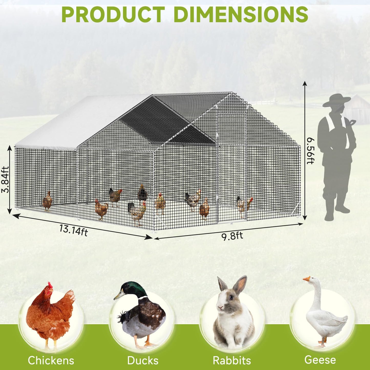Large Walk-in Chicken Coop with Chicken Run, Galvanized Poultry Enclosure with Waterproof Anti-UV Cover and Security Lock, Ideal for Rabbit, Duck, Backyard and Farm Yard，13.1'x 9.8'x 6.6'