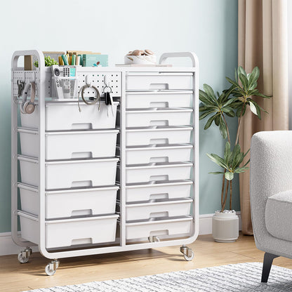14-Drawers Rolling Storage Cart with Tabletop & Pegboard, Multi-Purpose Utility Organizer Cart for Home, Classroom, Office, Dorm & Bedroom